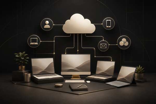 Cloud-Verbindung zwischen Computer, Notebook und mobilen Geräten